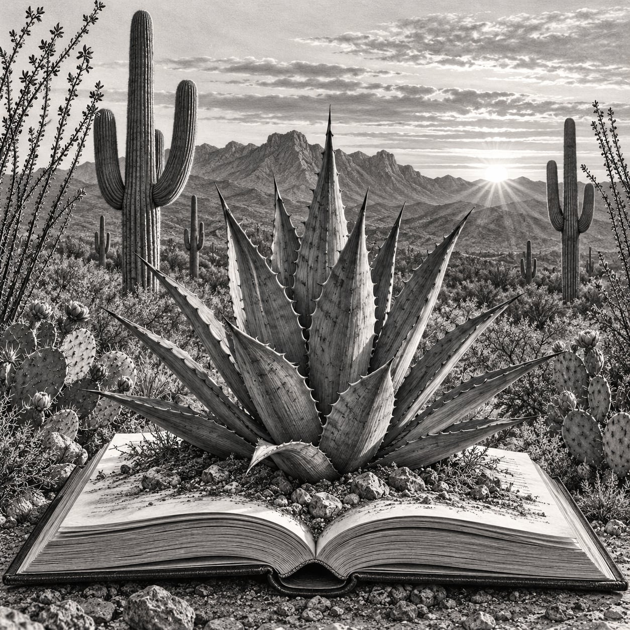 Desert illustration with agave and saguaros growing from an open book
